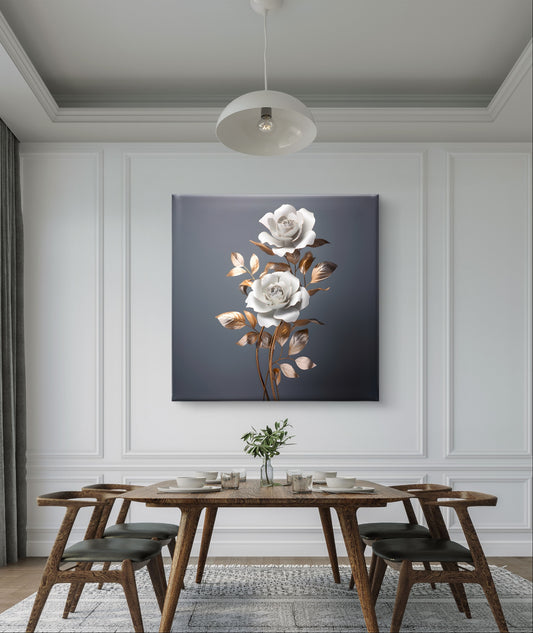 Golden Grace – White Rose Metal Look Wall Art