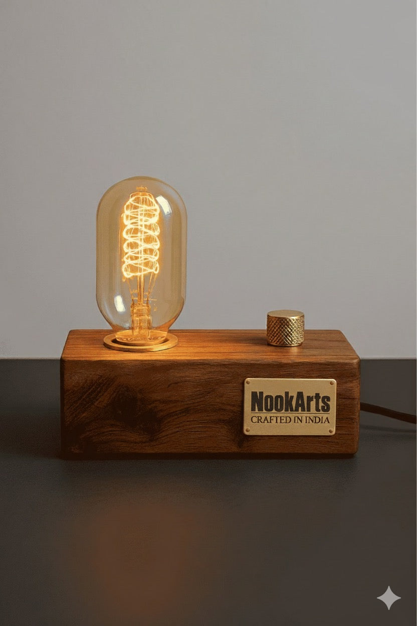 Rosewood Vintage Table Lamp – Handcrafted Design with Brass Dimmer & Edison Bulb