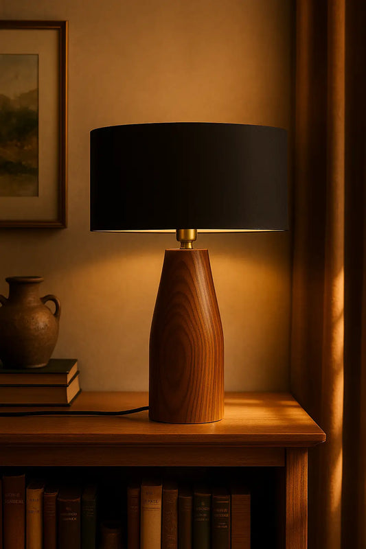 Rosewood Table Lamp with Black Fabric Shade – Modern Minimalist Wooden Lighting for Living Room & Bedroom - NixWoods