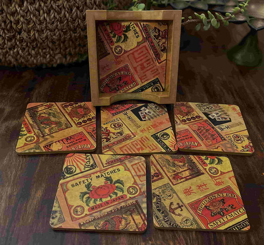 Japanese Matchbox Label Coasters – Vintage Retro Art Set