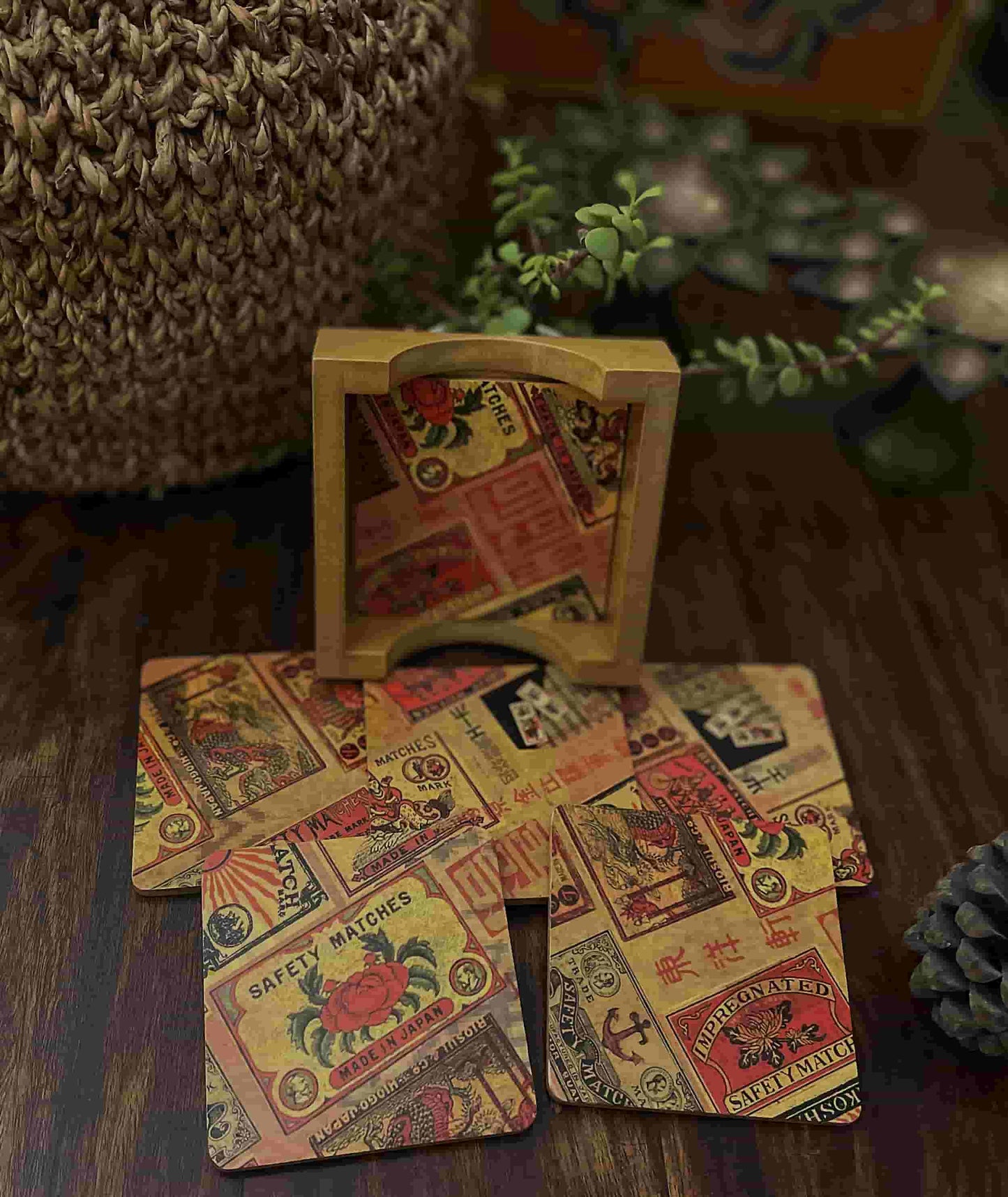 Japanese Matchbox Label Coasters – Vintage Retro Art Set