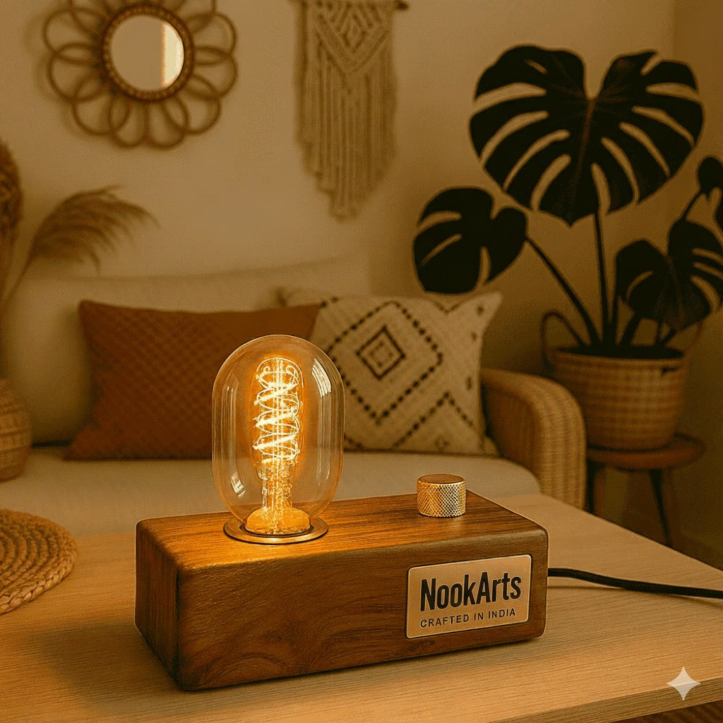 Rosewood Vintage Table Lamp – Handcrafted Design with Brass Dimmer & Edison Bulb