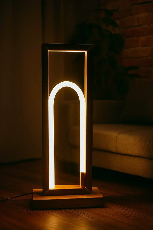 Teak Wood Floor Lamp - 360° Silicone – Modern Arch LED Light with Remote Control - NixWoods