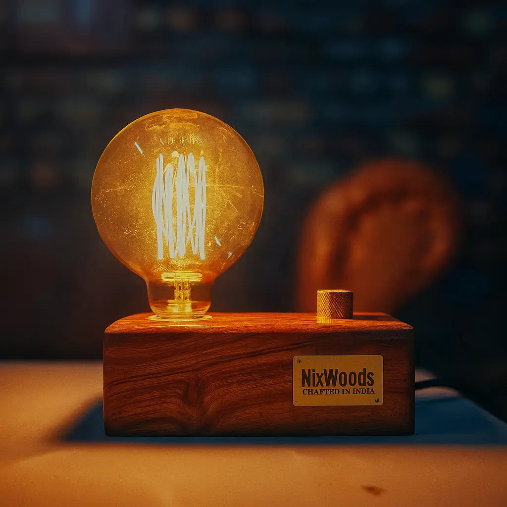 Globe Edison Bulb with Brass Dimmer | Rosewood Vintage Table Lamp | Handcrafted - NixWoods