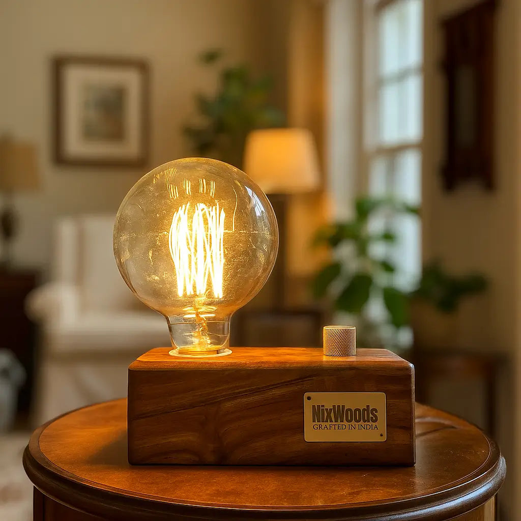 Globe Edison Bulb with Brass Dimmer | Rosewood Vintage Table Lamp | Handcrafted - NixWoods