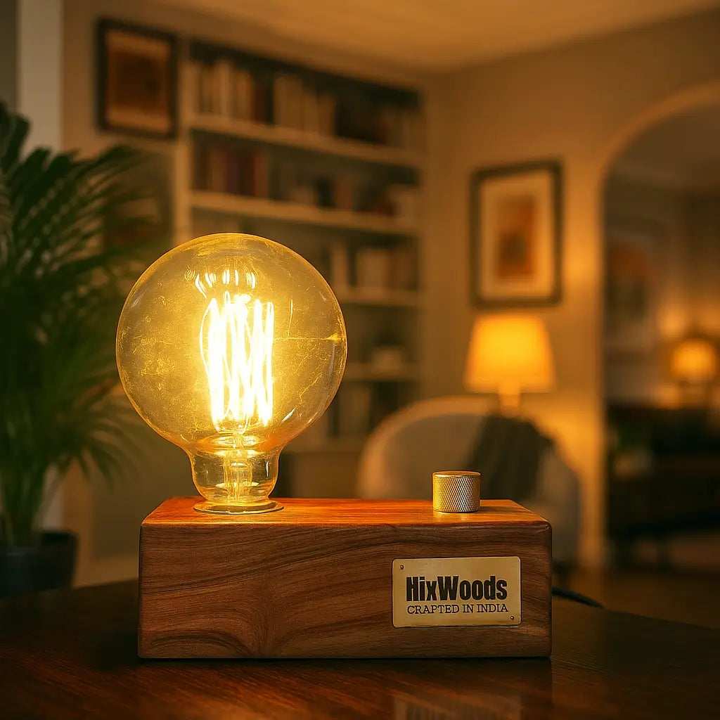 Globe Edison Bulb with Brass Dimmer | Rosewood Vintage Table Lamp | Handcrafted - NixWoods