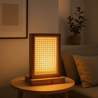 Teak Wood & Cane Table Lamp – Handcrafted Boho Table Light for Warm Ambient Interiors - NixWoods