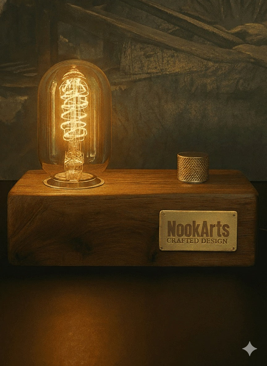 Rosewood Vintage Table Lamp – Handcrafted Design with Brass Dimmer & Edison Bulb