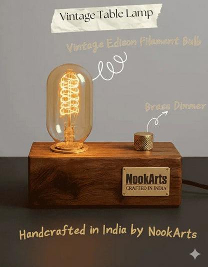 Rosewood Vintage Table Lamp – Handcrafted Design with Brass Dimmer & Edison Bulb