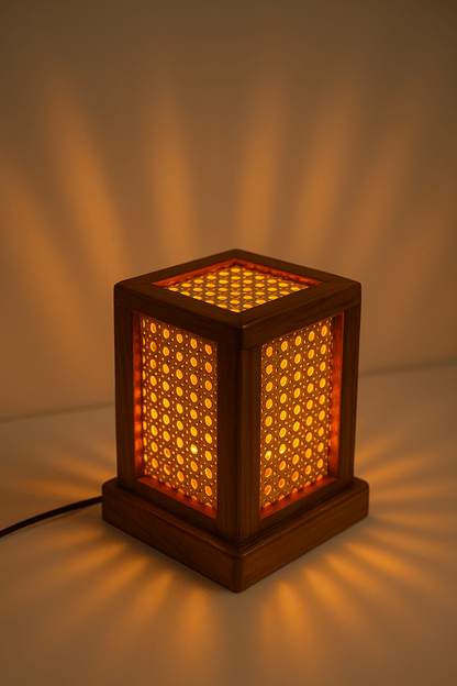 Teak Wood & Cane Glow Box Lamp – Warm Ambient Lighting with Handmade Craftsmanship