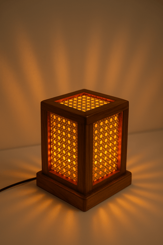 Teak Wood & Cane Glow Box Lamp – Warm Ambient Lighting with Handmade Craftsmanship