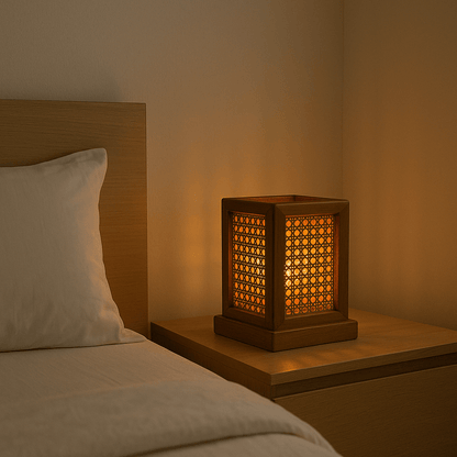 Teak Wood & Cane Glow Box Lamp – Warm Ambient Lighting with Handmade Craftsmanship