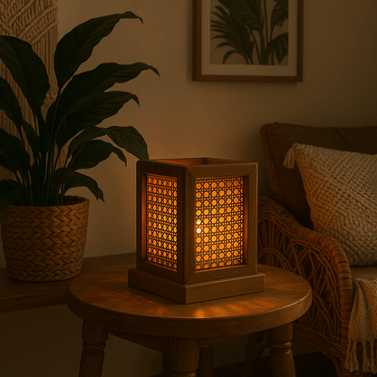 Teak Wood & Cane Glow Box Lamp – Warm Ambient Lighting with Handmade Craftsmanship