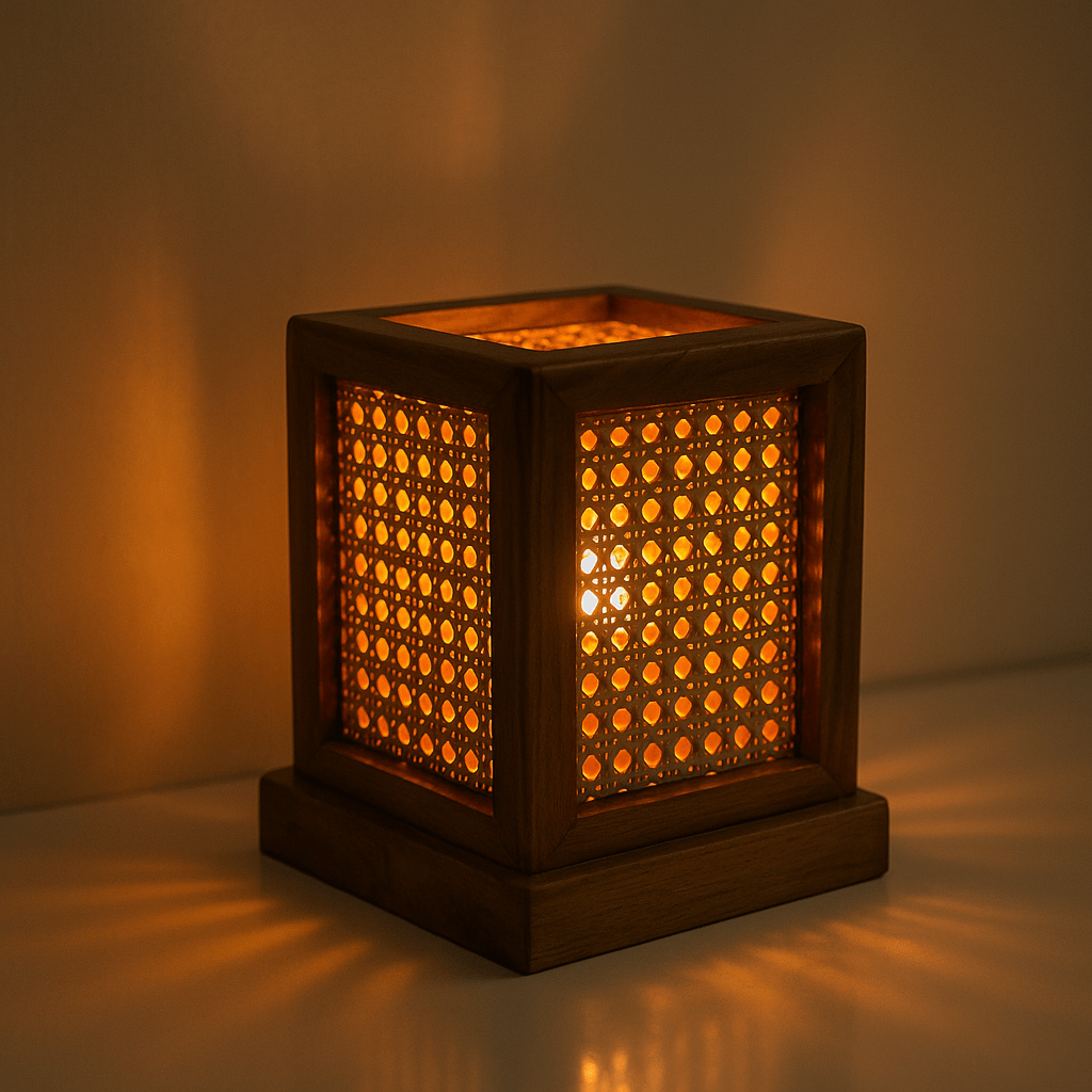Teak Wood & Cane Glow Box Lamp – Warm Ambient Lighting with Handmade Craftsmanship