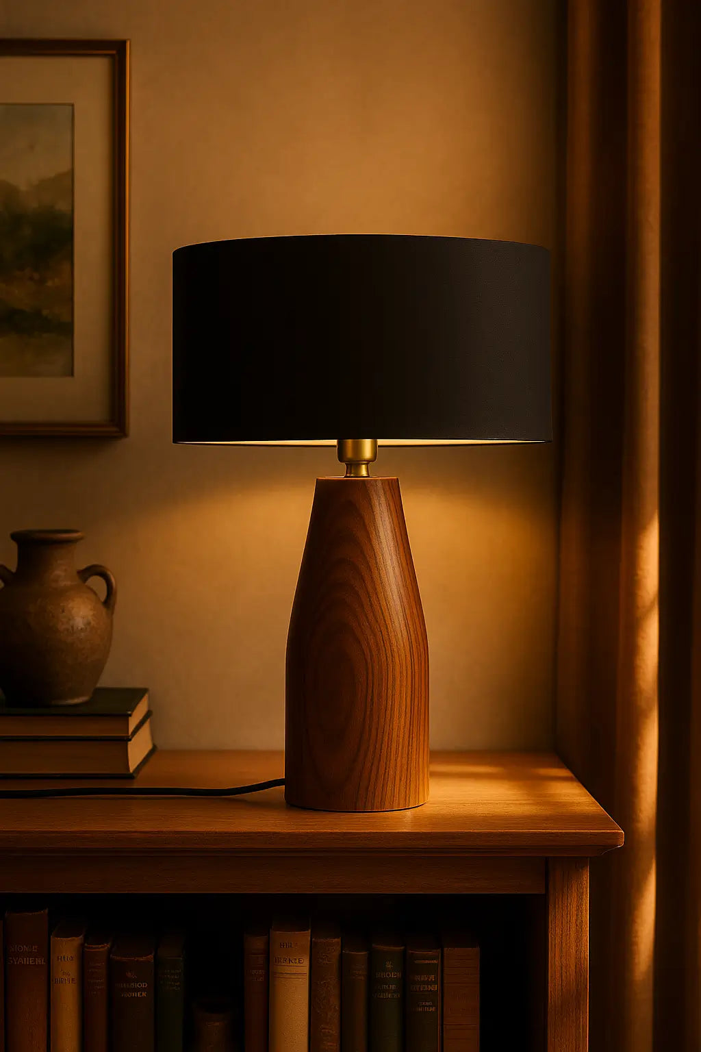 Rosewood Table Lamp with Black Fabric Shade – Modern Minimalist Wooden Lighting for Living Room & Bedroom - NixWoods