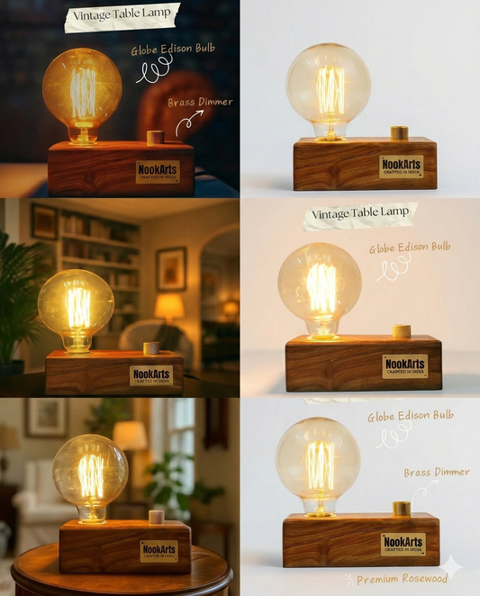 Globe Edison Bulb with Brass Dimmer | Rosewood Vintage Table Lamp | Handcrafted