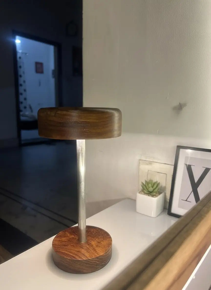 Rosewood & Stainless Steel LED Table Lamp – Modern Minimalist Elegance