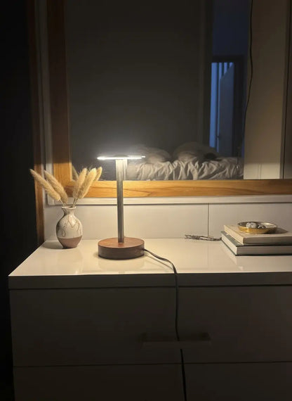 Rosewood & Stainless Steel LED Table Lamp – Modern Minimalist Elegance