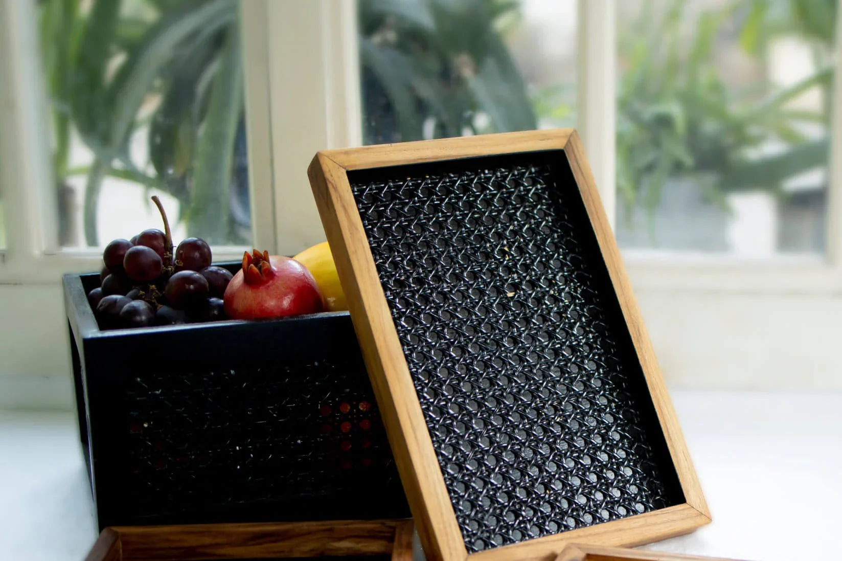 Black Rattan & Teak Tray – A Touch of Sophistication (Medium) - NixWoods