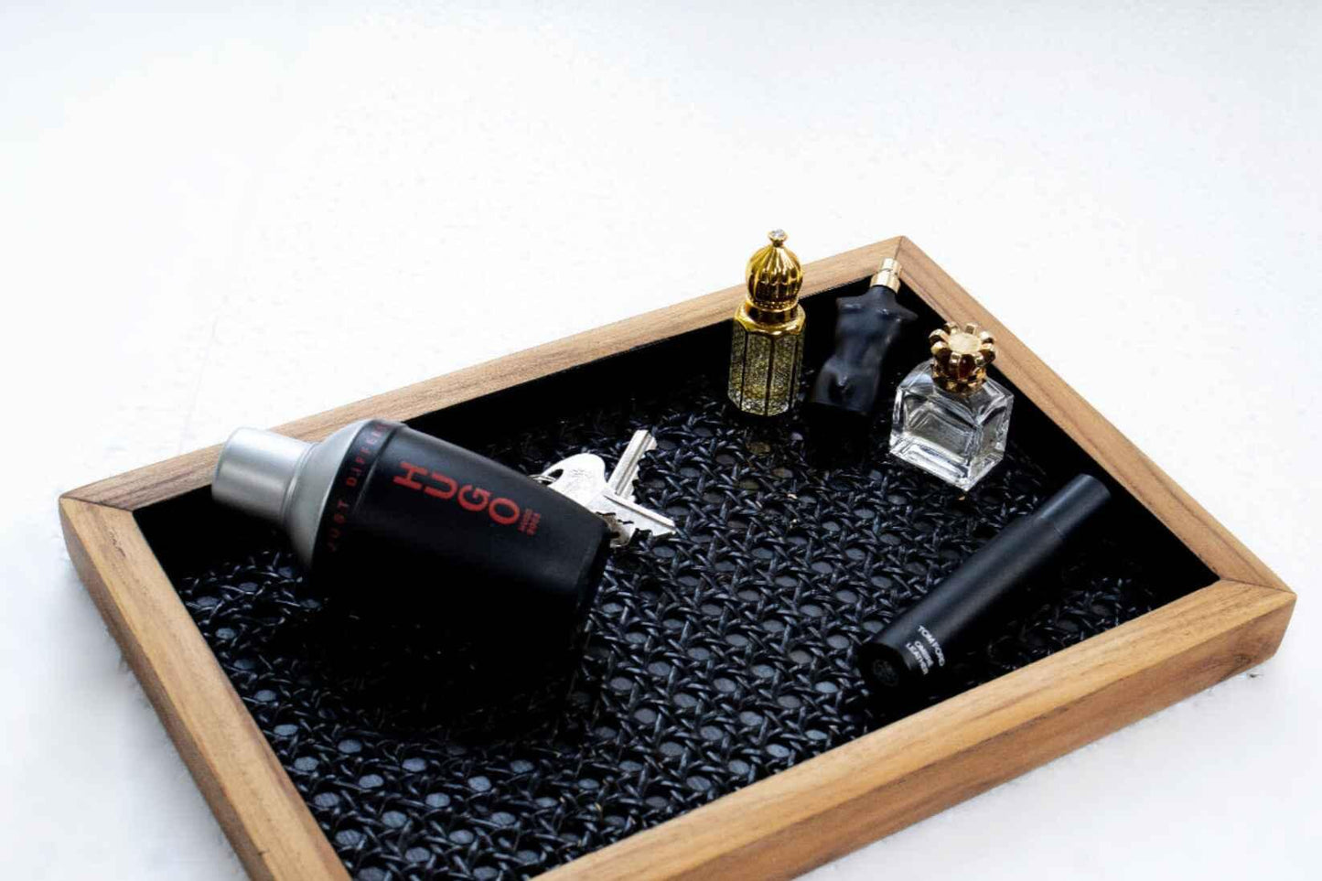 Black Rattan & Teak Tray – A Touch of Sophistication (Medium) - NixWoods