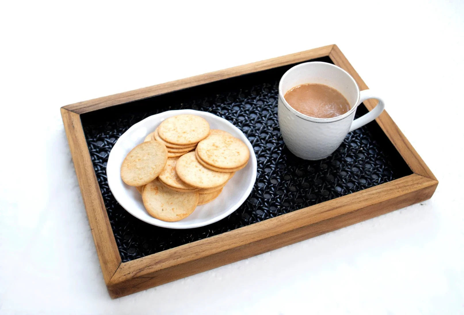 Black Rattan & Teak Tray – A Touch of Sophistication (Medium) - NixWoods