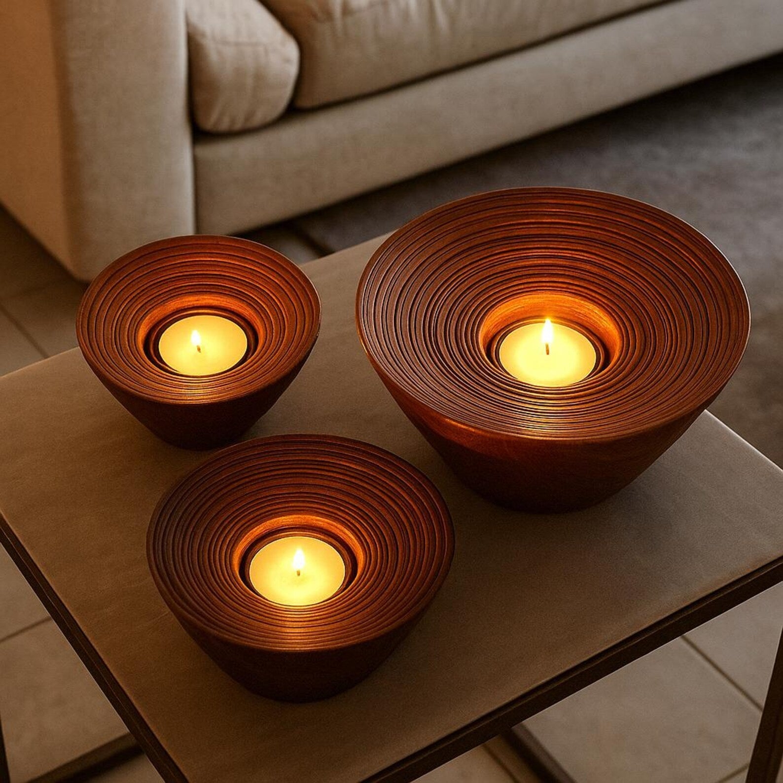 Rosewood Candle Holder – Sculpted Bowl Set of 3 for Ambient Lighting - NixWoods