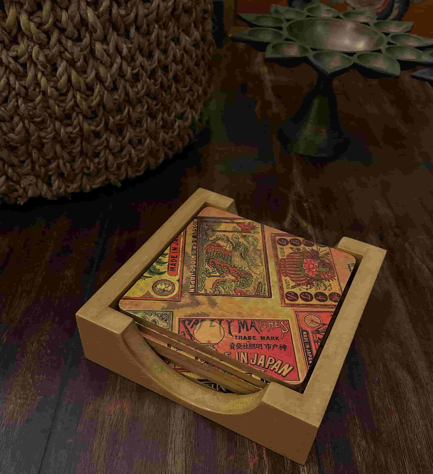 Japanese Matchbox Label Coasters – Vintage Retro Art Set
