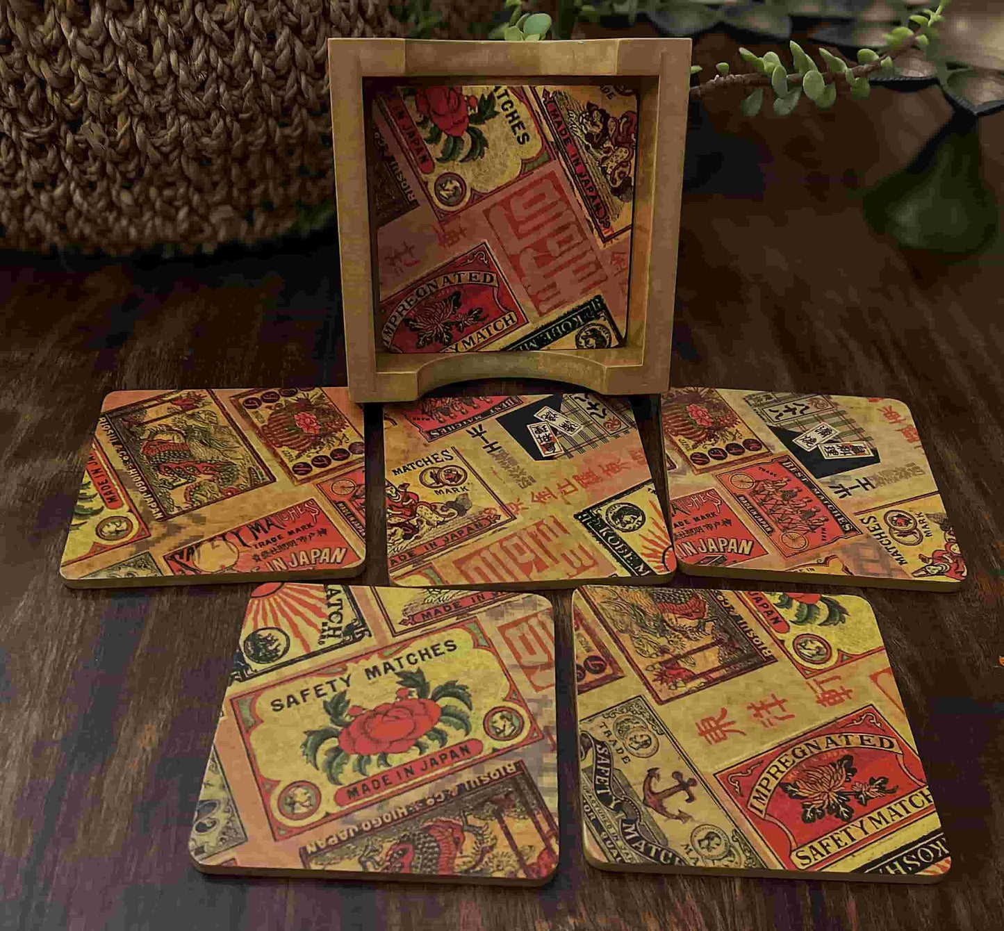 Japanese Matchbox Label Coasters – Vintage Retro Art Set