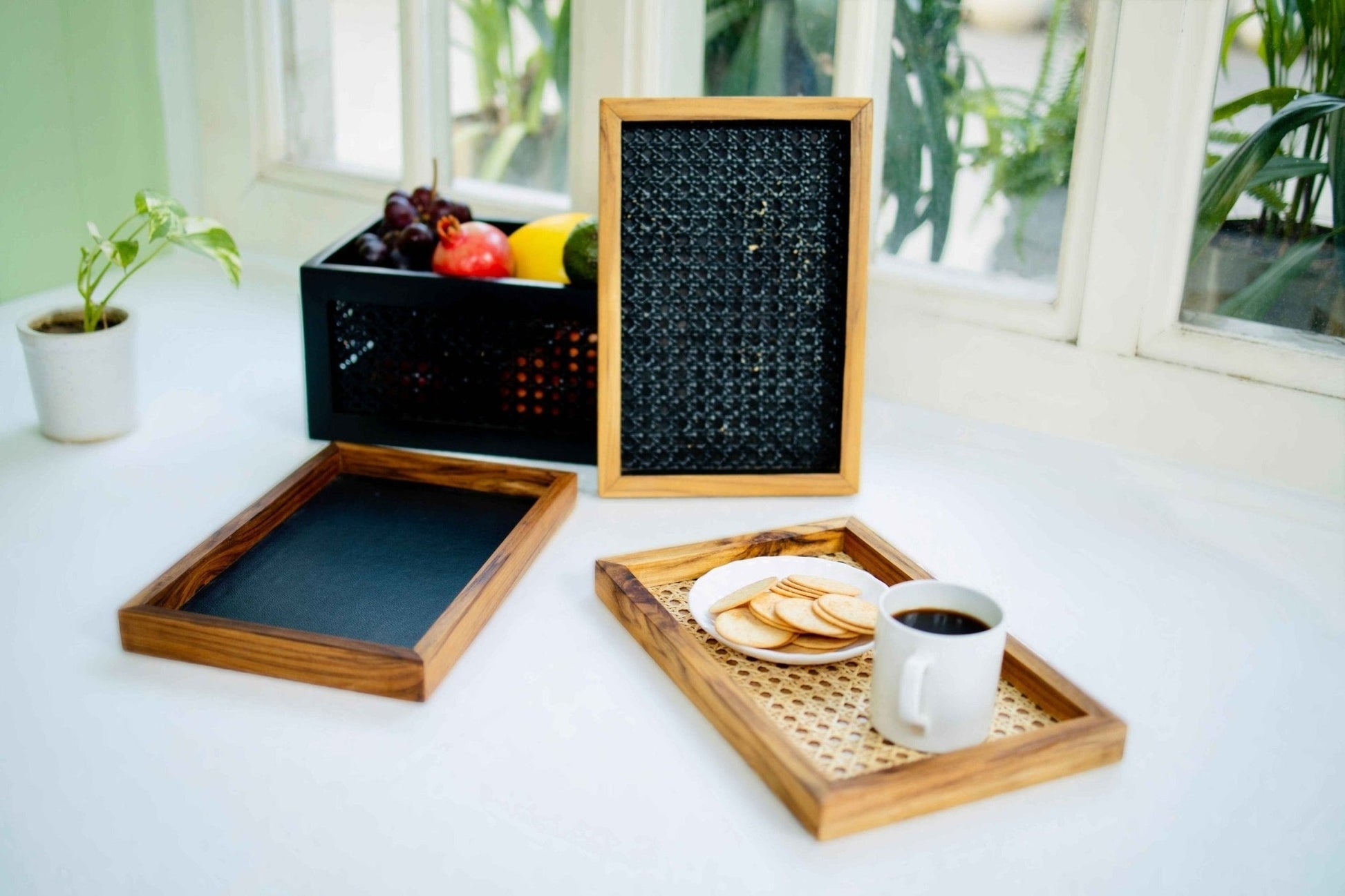 Set of 3 Natural Rattan & Teak Trays – Handwoven Serving Trays for Kitchen & Decor - NixWoods