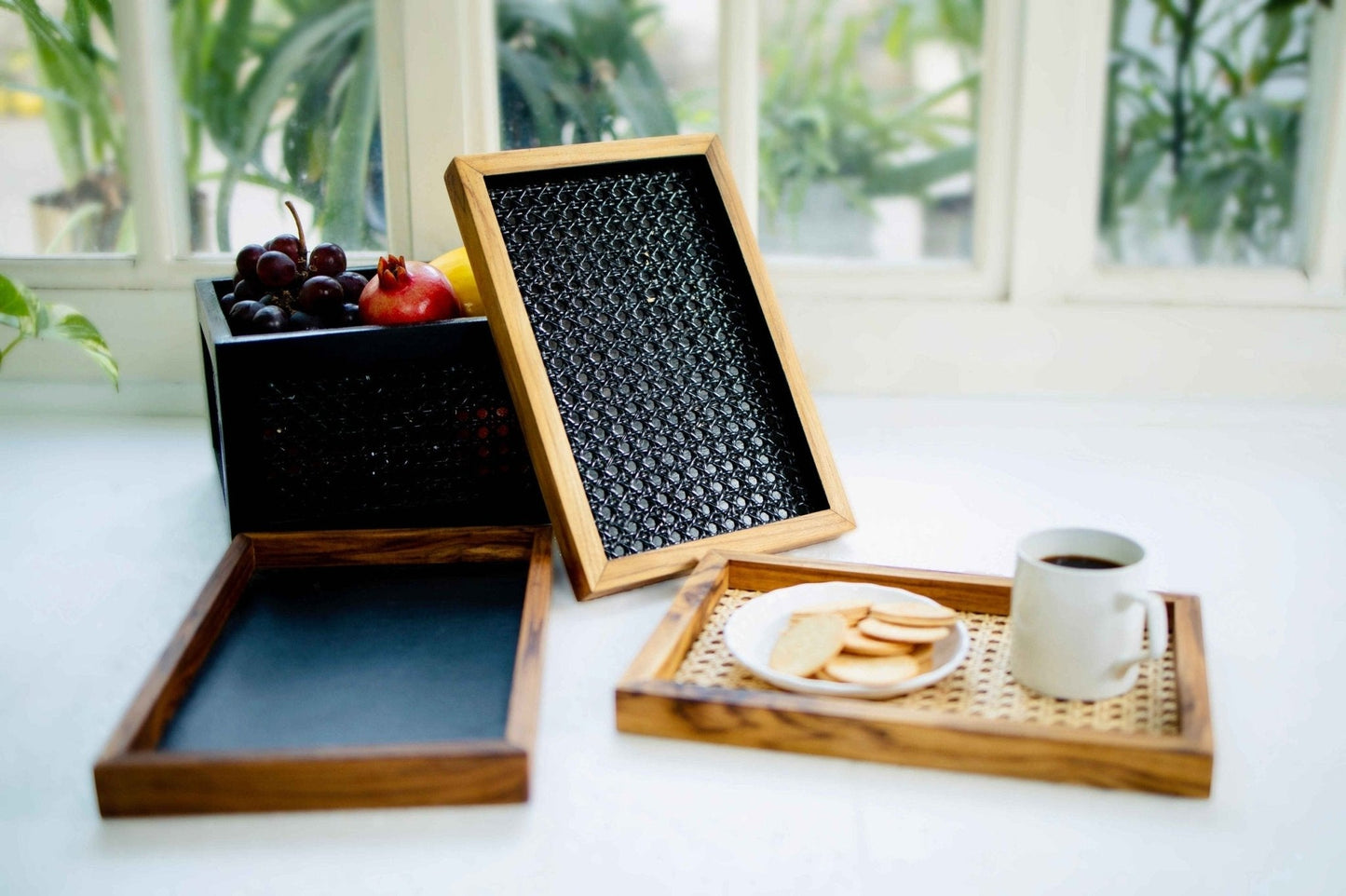 Set of 3 Natural Rattan & Teak Trays – Handwoven Serving Trays for Kitchen & Decor - NixWoods
