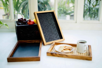 Set of 3 Natural Rattan & Teak Trays – Handwoven Serving Trays for Kitchen & Decor - NixWoods