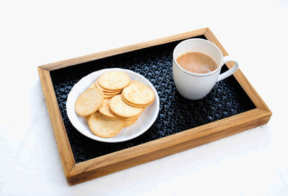 Set of 3 Natural Rattan & Teak Trays – Handwoven Serving Trays for Kitchen & Decor - NixWoods