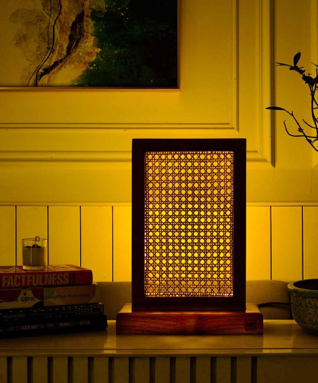 Teak Wood & Cane Table Lamp – Handcrafted Boho Table Light for Warm Ambient Interiors - NixWoods