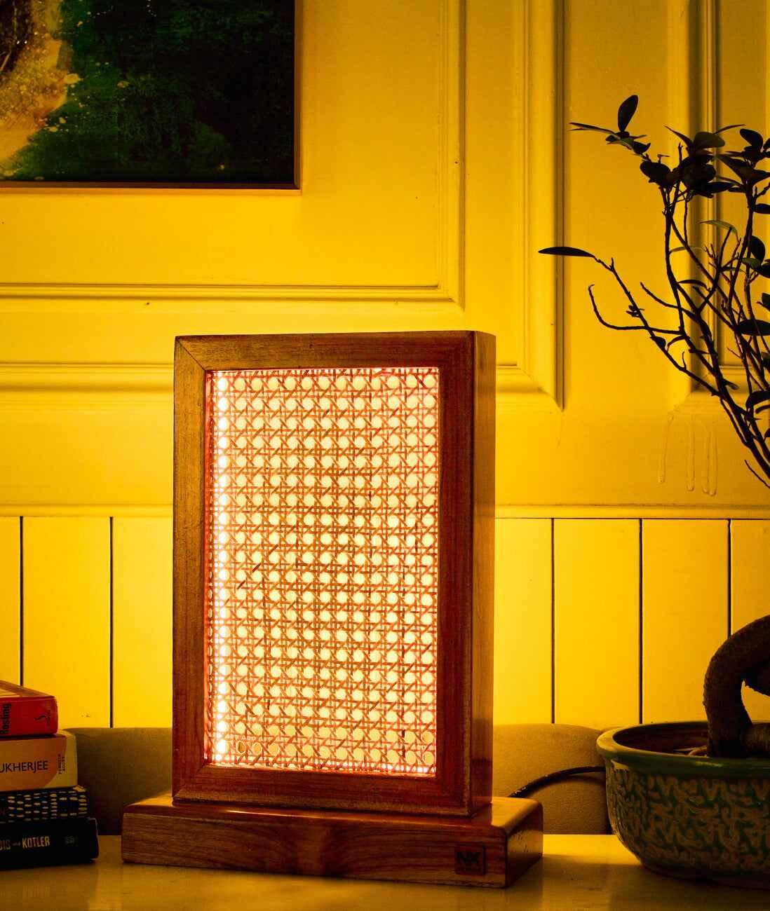 Teak Wood & Cane Table Lamp – Handcrafted Boho Table Light for Warm Ambient Interiors - NixWoods