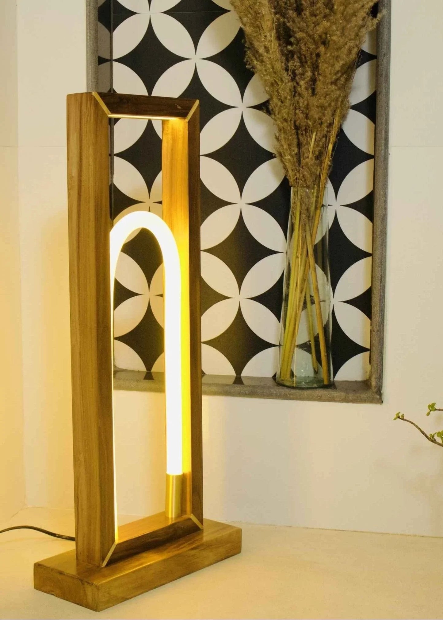 Teak Wood Floor Lamp - 360° Silicone – Modern Arch LED Light with Remote Control - NixWoods