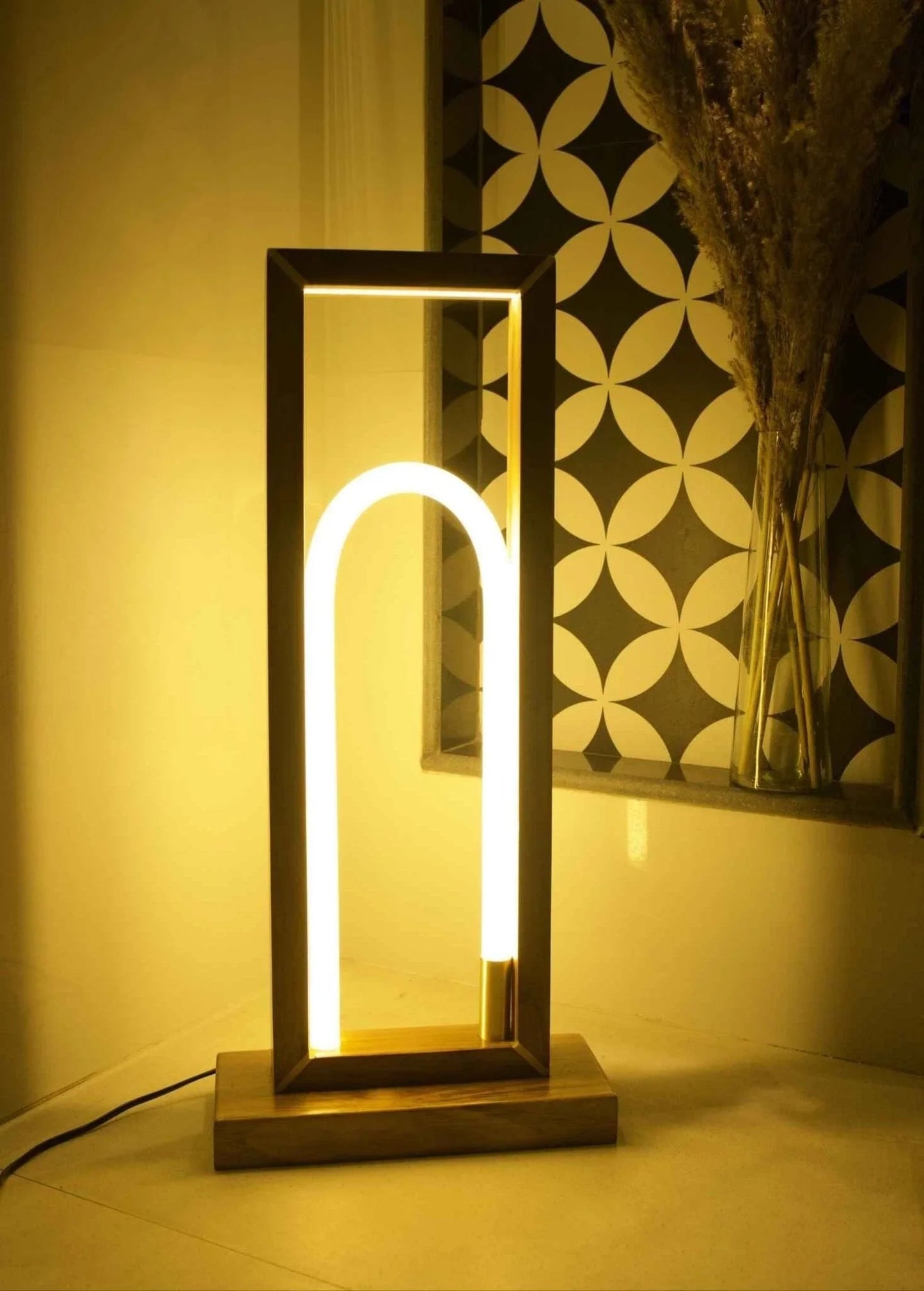 Teak Wood Floor Lamp - 360° Silicone – Modern Arch LED Light with Remote Control - NixWoods