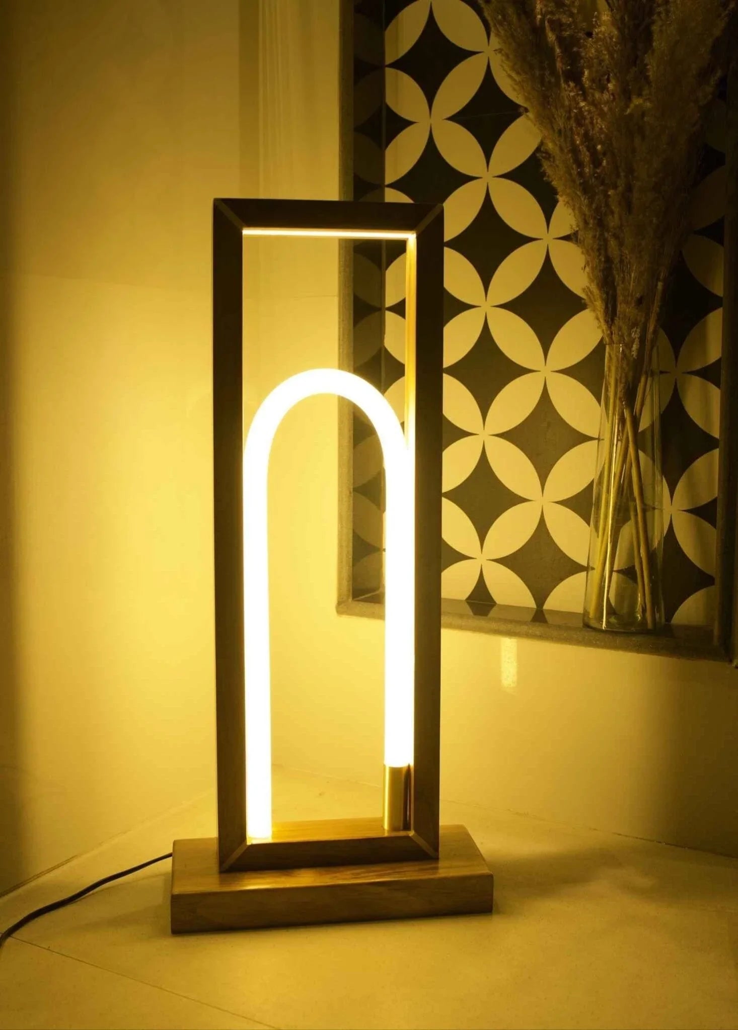 Teak Wood Floor Lamp - 360° Silicone – Modern Arch LED Light with Remote Control - NixWoods